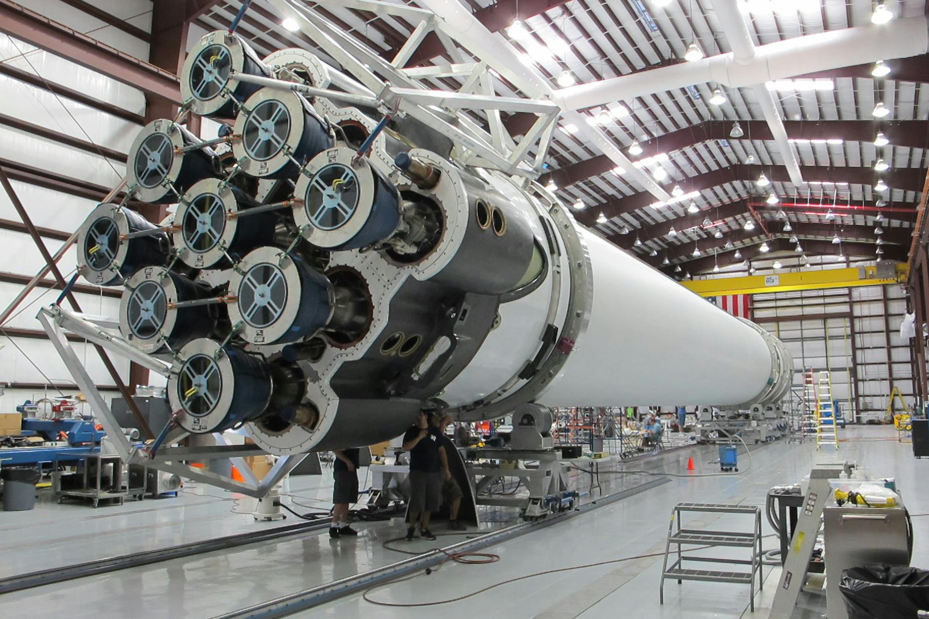 assembly of rocket core at aerospace factory