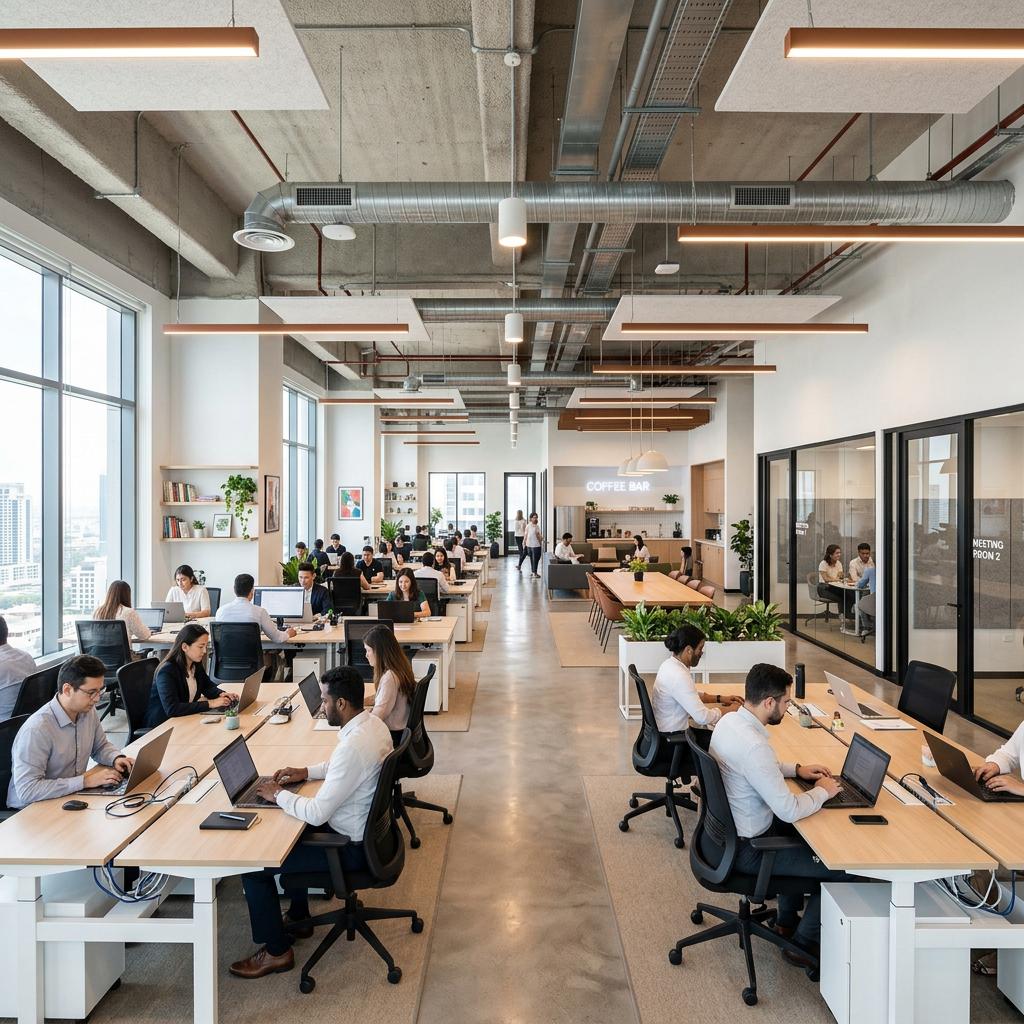 Open plan office with multiple employees working at desks and a coffee bar in background